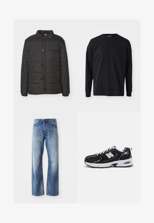 Schwarze Daunenjacke mit Knopfverschluss, gestepptem Design, seitlichen Taschen und klassischem Kragen. Hergestellt aus leichtem, wasserabweisendem Material.; Schwarzes Langarm-T-Shirt aus Baumwolle mit rundem Halsausschnitt und geradem Schnitt, mit einem kleinen Logodetail am Ärmel.; Blaue Jeans mit geradem Bein aus Denim, mit leichtem Verblassen an den Oberschenkeln und Knien, ausgestattet mit fünf Taschen und einem Knopfverschluss.; Schwarze und graue Sportschuhe mit Obermaterial aus Mesh und Wildleder, ausgestattet mit einer weißen Zwischensohle, Schnürsenkeln und einem markanten "N"-Logo an der Seite.