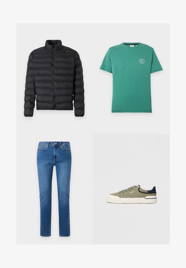 Sort pufferjakke med høj krave, lynlåsfortil og quiltede sektioner. Har en glat, skinnende tekstur og tætsiddende silhuet.; Grøn T-shirt med korte ærmer og rund halsudskæring, med lille hvid "Pepe Jeans Notting Hill"-logo på venstre bryst.; Blå denimjeans med lige ben, fem-lommestil og en knappet talje. Inkluderer syningsdetaljer langs sømmene.; Grønne lærredssneakers med beige gummisåler, navy accentfarver og runde snøringer. Har logodetaljer på siden og en struktureret overflade.