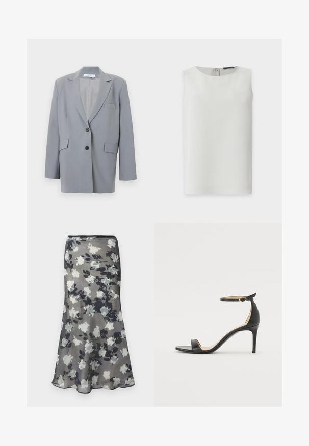 Blazer gris clair à simple boutonnage avec revers à encoche, deux boutons noirs, deux poches à rabat et une poche poitrine à passepoil, présenté sur fond blanc.; Blouse blanche sans manches avec encolure ronde et fermeture éclair visible dans le dos, présentée sur fond blanc uni.; Jupe midi grise avec imprimé floral en noir, blanc et gris et légère évasement à l'ourlet.; Sandale à talons hauts en cuir noir avec une lanière de cheville. Présente une texture lisse, un bout ouvert et un talon fin. Détail de boucle en ton doré.