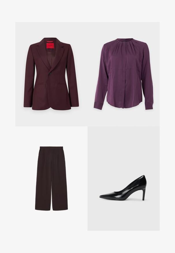 Blazer burdeos con solapa con muesca, cierre de un solo botón, dos bolsillos frontales y tela con textura sutil. Interior con etiqueta roja.; Blusa morada de manga larga con escote redondo, detalle plisado cerca del cuello y botones delanteros ocultos.; Pantalones de pierna ancha de color marrón oscuro, confeccionados en una tela ligera, con una cintura alta, pliegues y dos bolsillos laterales, además de una cinturilla elástica.; Zapato de tacón alto de cuero negro con punta afilada, textura suave y tacón en forma de cono. Diseño minimalista, sin adornos adicionales.