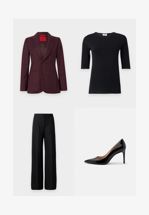 Blazer bordeaux avec un revers cranté, une fermeture à un bouton, deux poches avant, et un tissu subtilement texturé. Intérieur avec une étiquette rouge.; Haut noir à manches longues fabriqué en tissu doux et extensible. Dispose d'un col rond et d'une silhouette ajustée avec des manches de longueur intermédiaire.; Pantalons noirs à jambe large avec une texture lisse et mate. Ceinture plate sans matériel ni motifs visibles. Design simple et élégant.; Escarpin en cuir verni noir à talon haut avec bout pointu et talon aiguille, présenté de profil sur un fond blanc uni.