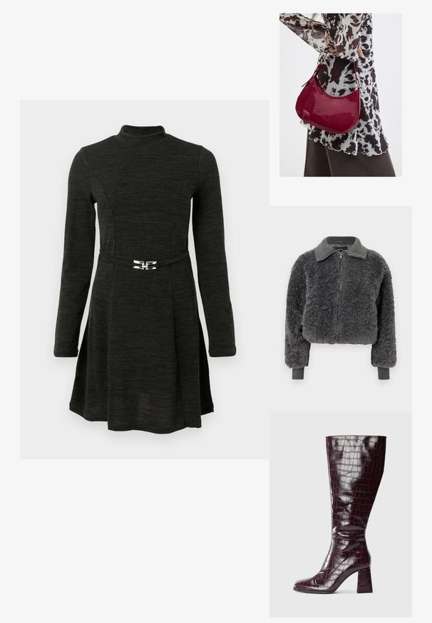 Donkergrijze nepbont zip-up jas met ribbelkraag en manchetten, voorzien van een frontrits en een iets verkorte pasvorm.; Zwart jurkje met lange mouwen en hoge hals, cinched taille met een zilveren accent, en een uitlopende rok met een gladde textuur.; Donker burgundy knie-hoge laars met krokodillenstructuur en blokhak op een witte achtergrond, zijaanzicht weergegeven.; Vrouw met een zwart-wit gebloemde blouse houdt een glanzende rode schoudertas vast tegen een effen achtergrond.