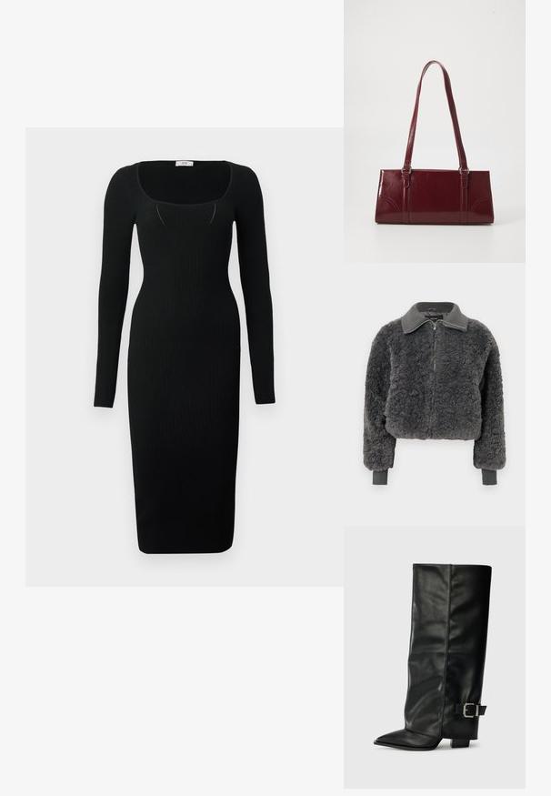 Veste à zip en fausse fourrure shearling gris foncé avec col et poignets côtelés, dotée d'une fermeture éclair à l'avant et d'une coupe légèrement courte.; Robe midi noire côtelée à manches longues, décolleté carré et coupe ajustée. Texture lisse avec une silhouette moulante.; Bottes noires en cuir longueur cheville avec un bout pointu, texture lisse et une accent en boucle argentée sur le côté. Talon carré épais.; Sac à main bordeaux en matériau brillant, de forme rectangulaire, avec deux anses et des accents légèrement courbés à l'avant.