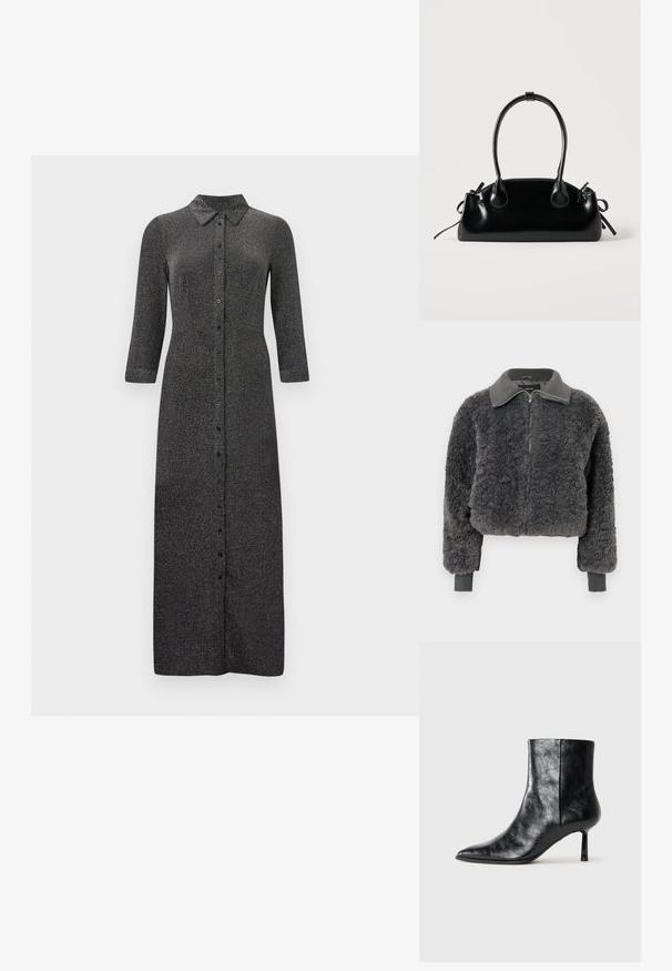 Mørkegrå faux shearling zip-up jakke med ribbede krave og manchetter, der har en frontlynlås og en let cropped pasform.; Lang mørkegrå skjortekjole med trekvartærmer og spids krave, præsenteret på en ensfarvet baggrund.; Sort læder ankelstøvle med spids tå og en tynd, kort hæl. Har en tekstureret overflade og et rent design med en sømløs side.; Lille sort blank håndtaske med to lange håndtag og snøre-detaljer i siden på en ensfarvet lys baggrund.