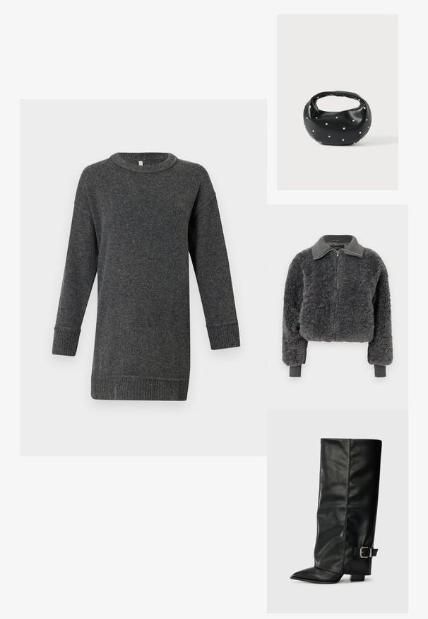 Veste à zip en fausse fourrure shearling gris foncé avec col et poignets côtelés, dotée d'une fermeture éclair à l'avant et d'une coupe légèrement courte.; Pull en laine à manches longues gris foncé, avec des poignets et un ourlet côtelés, un col rond et une coupe décontractée.; Bottes noires en cuir longueur cheville avec un bout pointu, texture lisse et une accent en boucle argentée sur le côté. Talon carré épais.; Sac à main en cuir noir de forme arrondie, décoré de clous argentés et équipé d'une poignée courte. Texture lisse et fermeture éclair.