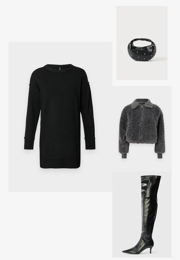 Mørkegrå faux shearling zip-up jakke med ribbede krave og manchetter, der har en frontlynlås og en let cropped pasform.; Lang sort strikket sweater med ribbede manchetter og kant, rund hals, og sænkede skuldersømme på en lys grå baggrund.; Knæhøje sorte læderstøvler med en blank finish, spidse tæer og en slank stilettohælt. Har en tætsiddende top med syningsdetaljer.; Sort læderhåndtaske med en rundet form, dekoreret med sølvnitter, og et kort håndtag. Glat tekstur og lynlåslukning.