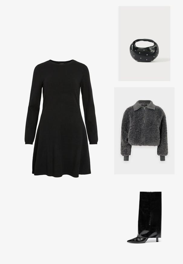 Tumehall faux shearling'ist valmistatud lukuga jope, millel on ribakrae ja -varrukad, esiküljel on tõmblukk ning see on veidi lühike.; Must mustriga mustriga kleit, mis on valmistatud kudumkangast, ringja kaelusega ja laieneva hemiga, pakkudes lihtsat ja liibuvat siluetti.; Mustmust musta nahkasaabas terava nina ja plokk-kandaga, millel on kõrge läikiv säär ja tekstiilne viimistlus alumises osas.; Mustast nahast ümmarguse kujuga käekott, kaunistatud hõbedaste naeladega, lühikese sangaga. Sile tekstuur ja tõmblukuga sulgemine.