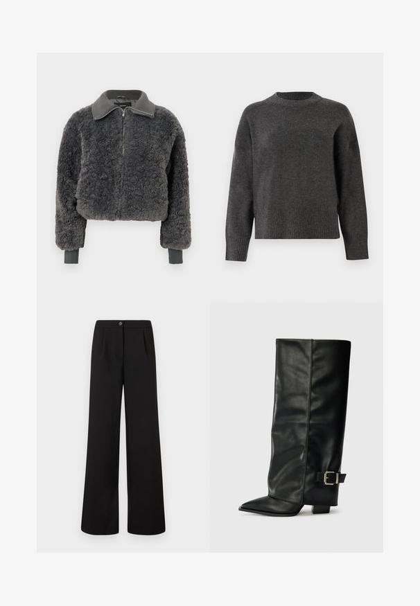 Dunkelgraue Fake-Shearling-Zip-Up-Jacke mit geripptem Kragen und Bündchen, ausgestattet mit einem Frontreißverschluss und einem leicht verkürzten Schnitt.; Dunkelgrauer Strickpullover mit langen Ärmeln, rundem Halsausschnitt und gerippten Bündchen und Saum. Glatte Textur mit leicht lockerer Passform.; Schwarze hohe Weite Hosen mit vorderem Knopf- und Reißverschluss, die subtile Falten unterhalb des Bundes aufweisen.; Schwarze Lederstiefeletten in Knöchellänge mit spitzem Zehenbereich, glatter Oberfläche und silberner Schnallenakzent an der Seite. Massiver, quadratischer Absatz.