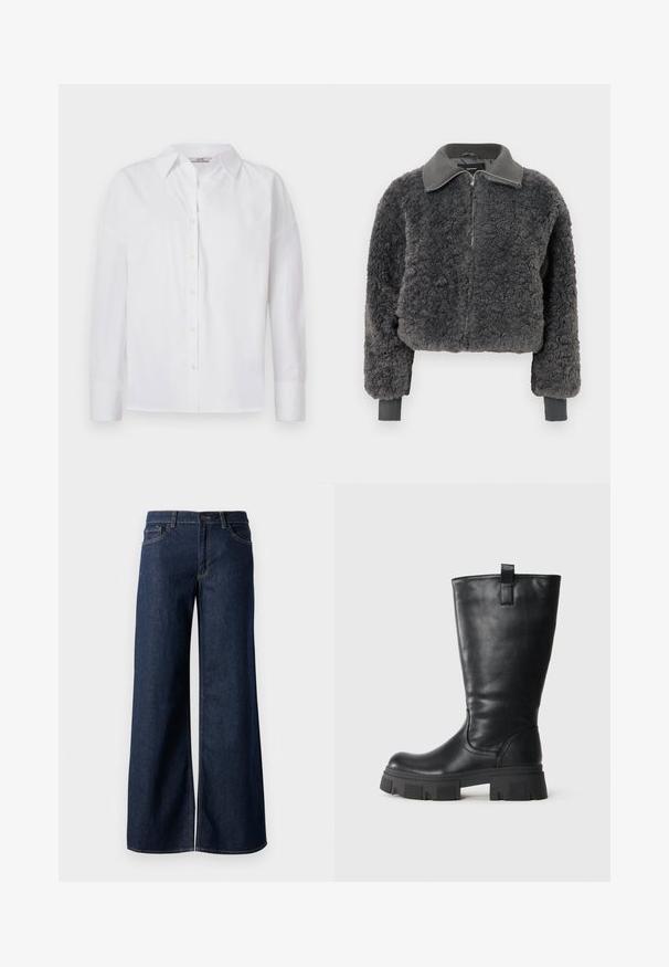 Mørkegrå faux shearling zip-up jakke med ribbede krave og manchetter, der har en frontlynlås og en let cropped pasform.; Hvid skjorte med knapper, lavet af bomuld, med lange ærmer, klassisk krave og subtile syningsdetaljer.; Bredde ben jeans i mørkeblå denim. Har kontrastsyninger, fem lommer og en knaplukning i taljen. Glat tekstur.; Sort læderstøvle til midt på læggen med kraftig sål og trækstrop på siden, vist i profil på hvid baggrund.