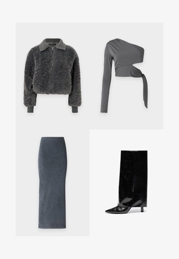 Tumehall faux shearling'ist valmistatud lukuga jope, millel on ribakrae ja -varrukad, esiküljel on tõmblukk ning see on veidi lühike.; Pikendusega hall topp ühe õla disainiga, millel on sõlmepinna detail vööl ja sujuv, veniv kangas.; Tume sinine denimpencil seelik. Omab istuv siluetti, sirget disaini ning sujuvat tekstiili koos peene ribakujundusega.; Mustmust musta nahkasaabas terava nina ja plokk-kandaga, millel on kõrge läikiv säär ja tekstiilne viimistlus alumises osas.