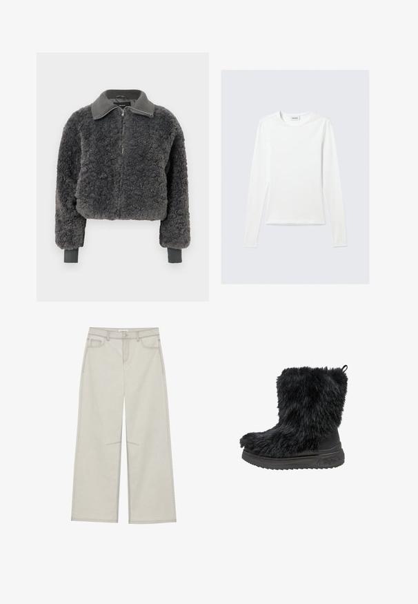 Mørkegrå faux shearling zip-up jakke med ribbede krave og manchetter, der har en frontlynlås og en let cropped pasform.; Langærmet, enkel hvid T-shirt med rund halsudskæring og tætsiddende pasform, vist mod en lysegrå baggrund.; Lysegrå bredbenede bukser med fem lommer, frontknaplukning og kontrastsyninger langs sømmen. Stoffet ser blødt og slidstærkt ud.; Sorte faux fur ankelstøvler med en tyk sort gummisål og tekstureret overflade. Har en pull-tab på bagsiden for nem påtagning.