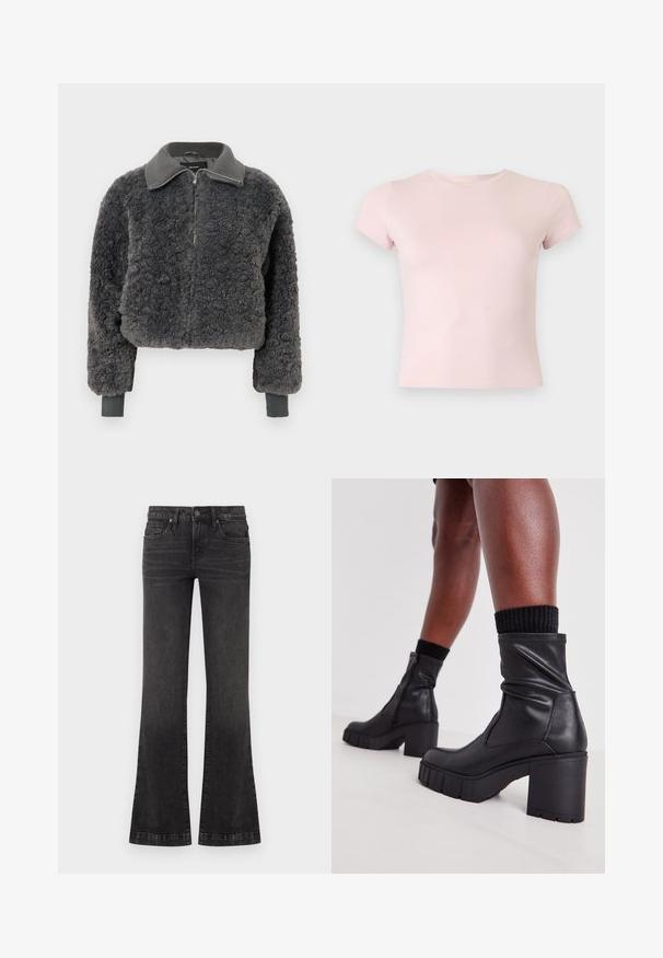 Tumehall faux shearling'ist valmistatud lukuga jope, millel on ribakrae ja -varrukad, esiküljel on tõmblukk ning see on veidi lühike.; Hele roosa lühikeste varrukatega keha järgiv t-särk ümar kaelusega ühevärvilisel heledal taustal.; Mustad tuhmistunud bootcut teksad esikülje nööbi, tõmblukuga ja viie tasku disainiga, ühelvalgel taustal.; Mustad nahast pahkluu saapad, millel on voltimisega disain, robustne kõrge konts ja tekstureeritud kummitald. Küljel on lukk.