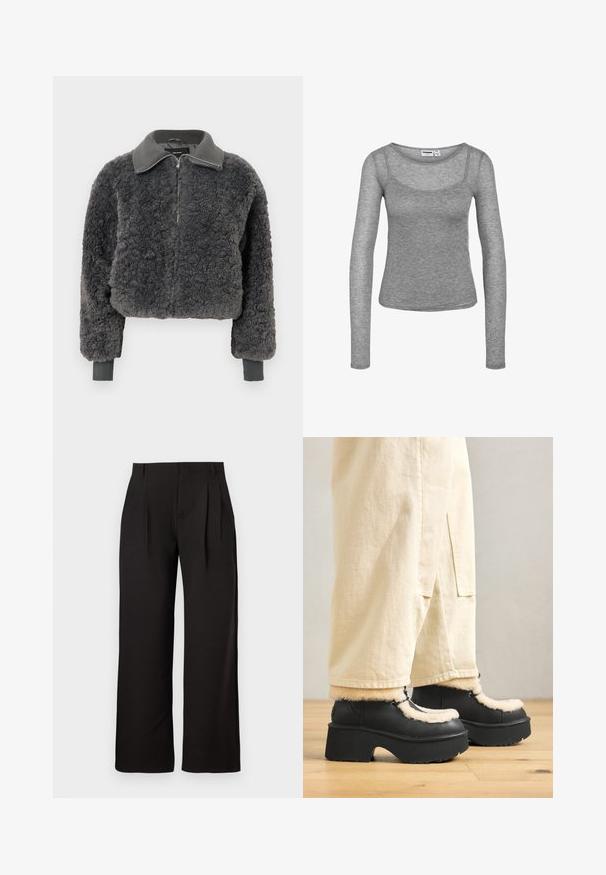 Mørkegrå faux shearling zip-up jakke med ribbede krave og manchetter, der har en frontlynlås og en let cropped pasform.; Grå langærmet ribstrikket top med rund halsudskæring og tætsiddende silhuet.; Sorte højtaljede bukser med lige ben, forenden med presfolder og bæltestropper, vist mod en ensfarvet hvid baggrund.; Sorte platformstøvler med en rund tå, der har en fluffy cremefarvet krave og snøre detaljer, parret med løse beige bukser på et trægulv.