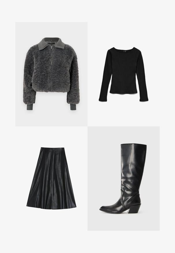 Mørkegrå faux shearling zip-up jakke med ribbede krave og manchetter, der har en frontlynlås og en let cropped pasform.; Sort langærmet ribstrikket top med rund halsudskæring og tætsiddende silhuet, lagt fladt på en hvid baggrund.; Sort læder midi-nederdel med en udvidet facon, der har en glat tekstur og plisseret design for ekstra volumen. Ingen synlig hardware eller detaljer.; Sorte læder knæhøje støvler med spids tå, vinklet hæl og glat tekstur. Funktioner en subtil syning langs siden.