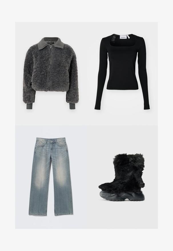 Mørkegrå faux shearling zip-up jakke med ribbede krave og manchetter, der har en frontlynlås og en let cropped pasform.; Sort langærmet top med firkantet halsudskæring. Lavet af glat stof, den har en tætsiddende silhuet og subtile syninger. Mærket sidder fast.; Lyseblå jeans med vide ben og falmet finish, lavet af denim. Har bæltestropper, forlommer og lynlås med knaplukning.; Sort, fuzzy ankelstøvle med en struktureret overdel, der har en tykk sort gummisål og et mønster for greb og stabilitet.