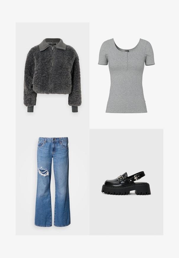 Mørkegrå faux shearling zip-up jakke med ribbede krave og manchetter, der har en frontlynlås og en let cropped pasform.; Grå ribbet kortærmet top med en rund Halsudskæring og fire små knapper ned foran midt på.; Lyseblå denimbukser med vide ben og slidte detaljer på højre lår, med knaplukning og fem-lomme-design.; Sorte platform sandaler lavet af skinnende læder, med en spænde rem og en tekstureret tyk sål med udtalte riller.