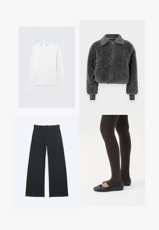 Mørk grå faux shearling zip-up jakke med ribbestrikket krage og mansjetter, med frontglidelås og en lett cropped passform.; Langermet ensfarget hvit genser med rund hals og smal passform, vist mot en lys grå bakgrunn.; Sorte vidde bukser med tynne hvite nålestriper, beltehemper, frontlommer og skjult frontåpning.; Bein iført mørke ribbestrikkede leggings kombinert med svarte ballettsko med små sløyfedetaljer på hvit bakgrunn.