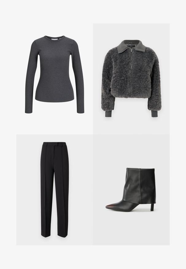 Mørkegrå faux shearling zip-up jakke med ribbede krave og manchetter, der har en frontlynlås og en let cropped pasform.; Langærmet, ribbet top i mørkegrå. Har en rund halsudskæring og tætsiddende silhuet. Fremstillet af et strækbart stof for komfort.; Sorte skræddersyede bukser med en glat tekstur, der har en lige pasform, bæltestropper og to forreste plisseringer for ekstra detalje.; Sort ankelstøvle lavet af glat læder med spids tå og tilspidset hæl. Overdelen har et let rynket design.