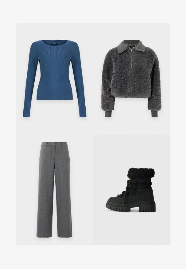 Veste à zip en fausse fourrure shearling gris foncé avec col et poignets côtelés, dotée d'une fermeture éclair à l'avant et d'une coupe légèrement courte.; Haut ajusté à manches longues bleu côtelé avec un col rond sur un fond blanc uni.; Pantalons gris en tissu texturé et tissé. Design à jambes larges, devant plat et sans matériel ou accents visibles. Convient pour une tenue formelle.; Bottes noires à la cheville avec un bord en fourrure texturé, un laçage à l'avant, une semelle en caoutchouc et un talon épais. Matériau lisse avec un design robuste et massif.