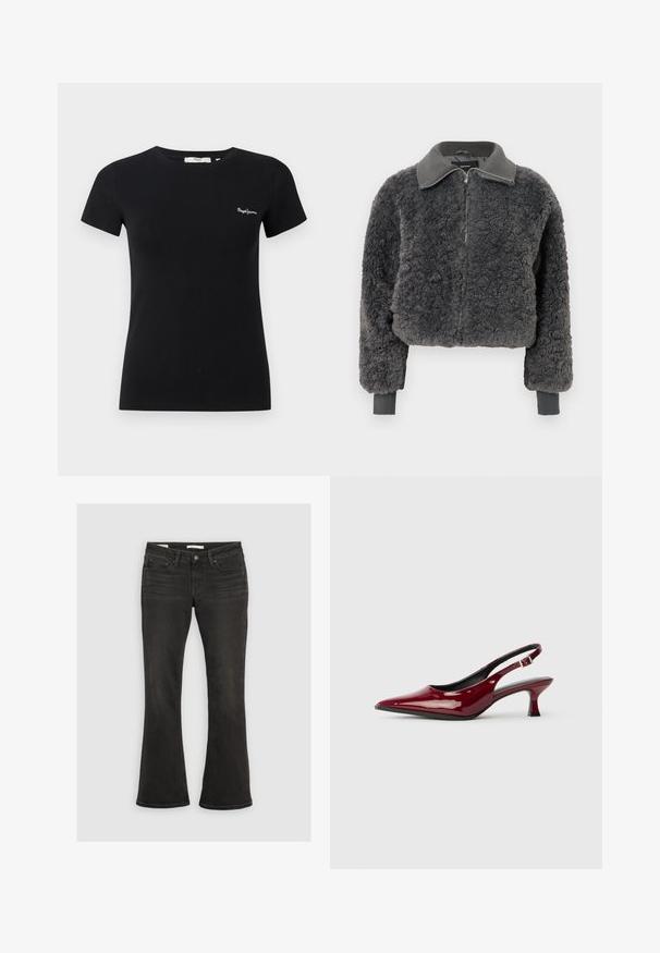 Dunkelgraue Fake-Shearling-Zip-Up-Jacke mit geripptem Kragen und Bündchen, ausgestattet mit einem Frontreißverschluss und einem leicht verkürzten Schnitt.; Schwarzes, tailliertes T-Shirt mit kurzen Ärmeln, Rundhalsausschnitt und kleinem weißem "Pepe Jeans"-Logo auf der linken Brust.; Schwarze Bootcut-Jeans mit Vordertaschen, Gürtelschlaufen und Knopfverschluss, flach auf einem hellgrauen Hintergrund ausgebreitet.; Burgunderfarbene Lackleder Slingback-Absätze mit spitzem Zehenbereich und schlankem Stiletto-Absatz. Offenes Rückendesign mit verstellbarem Knöchelriemen.
