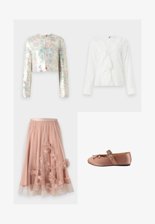 Veste courte à manches longues, ornée d'un motif floral aux couleurs pastel et de sequins scintillants. Col rond, détail de fermeture à l'avant.; Blouse blanche à manches longues avec un col à volants et un tissu texturé. Présente une coupe légèrement ample avec des manches à poignet.; Jupe en tulle rose pâle avec une ceinture en satin. Comprend plusieurs couches de tissu transparent et des appliqués floraux en trois dimensions sur toute la surface.; Ballet flats en satin rose avec bout rond, nœud décoratif et bride de cheville avec boucle en argent et œillets. Semelle plate noire.