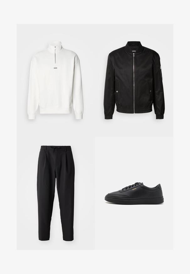 Chaqueta bomber negra hecha de tela suave, con un cuello de canalé, cremallera frontal, bolsillos laterales y puños y dobladillo elásticos.; Sudadera blanca de cuello alto con media cremallera, que presenta un pequeño logo negro "HUGO" centrado en el pecho. Textura de tela suave.; Pantalones negros ajustados con cintura elástica y cordón. Tejido suave con una textura ligera, con pliegues y bolsillos laterales.; Zapatillas de cuero negro con una textura suave, punta redondeada, suela plana de goma y cordones a tono. Presentan el logotipo dorado "BOSS" en el lateral.