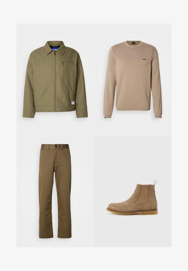 Veste verte olive avec fermeture éclair, col pointu, poche poitrine simple, poches latérales et étiquette de la marque bleue sur l'ourlet.; Pull en maille beige à manches longues, col rond, détails côtelés et petit logo noir « BOSS » sur la poitrine. Texture douce, coupe classique.; Pantalon marron à jambe droite en tissu tissé. Avec fermeture à bouton, poches latérales et texture lisse. Coupe ajustée.; Bottine Chelsea en daim marron clair avec panneaux latéraux élastiques, languette de tirage au talon et semelle en caoutchouc.