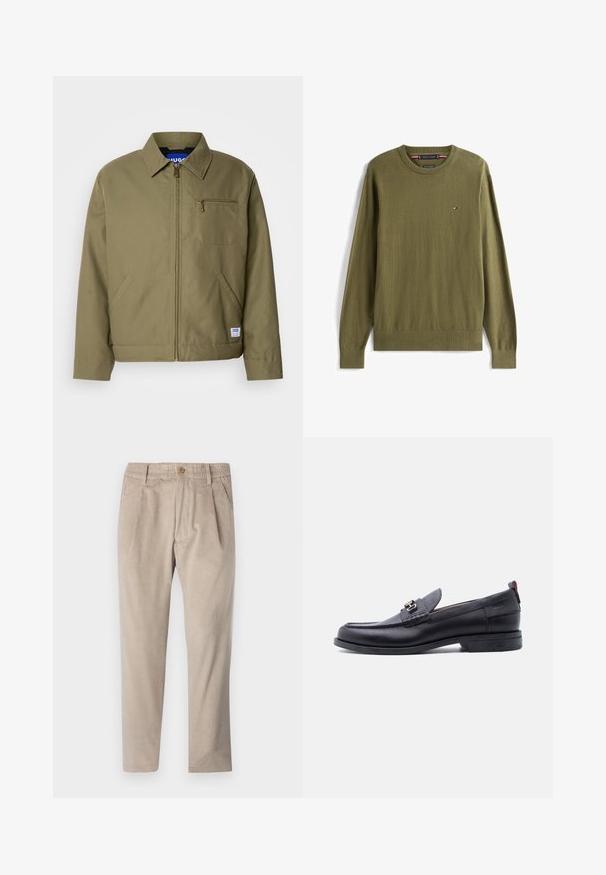 Olijfgroen jack met ritssluiting, spitse kraag, enkele borstzak, zijzakken en een blauw merklabel aan de zoom.; Olivengroene trui met lange mouwen en ronde hals, met klein Tommy Hilfiger-logo op de linkerborst en geribde boorden en zoom.; Beige corduroy broek met een elastische tailleband, knoopsluiting en plooien, met een rechte pijp en een gestructureerde stof.; Zwarte leren loafer met grijze, gestructureerde vamp, zilveren metalen gesp, lage hak en trekkoord aan de achterkant.