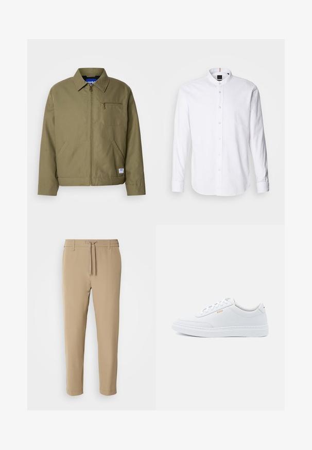 Olijfgroen jack met ritssluiting, spitse kraag, enkele borstzak, zijzakken en een blauw merklabel aan de zoom.; Witte lange mouwen shirt met een bandkraag, knoopsluiting aan de voorkant en afgeronde zoom. Gemaakt van katoen, met een gladde textuur en subtiele glans.; Beige, taps toelopende broek met een elastische tailleband en een trekkoord. Glad materiaal met een strakke uitstraling en zonder zichtbare patronen of hardware.; Witte leren sneakers met een gladde textuur, ronde neus en tonale stiksels. Voorzien van blauwe veters en een gouden logo op de zijkant.
