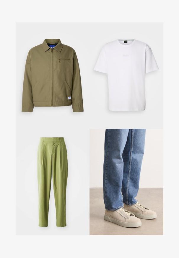 Oliven grøn jakke med lynlåslukning, spids krave, enkelt brystlomme, sidelommer og et blåt mærke på kanten.; Hvid bomulds T-shirt med korte ærmer, rund halsudskæring og præget "BOSS" logo på brystet. Glat tekstur, standard pasform.; Lys grønne bukser lavet af et struktureret stof, med en lige form, folder foran og en standard talje.; BOSS GARYTENN_SDHDEL - Sneakers - natural ten