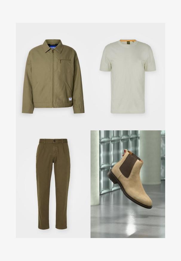 Veste verte olive avec fermeture éclair, col pointu, poche poitrine simple, poches latérales et étiquette de la marque bleue sur l'ourlet.; T-shirt à manches courtes vert clair en tissu doux, avec un col rond et un logo discret à l'avant. Design simple avec des détails minimaux.; Pantalons en coton vert olive avec une coupe droite, dotés d'une fermeture à bouton à l'avant, de passants de ceinture et de poches latérales. Texture lisse.; Bottine Chelsea en daim beige avec un panneau latéral élastique marron foncé et une languette, montrée flottant au-dessus d’un sol poli réfléchissant à l’intérieur.