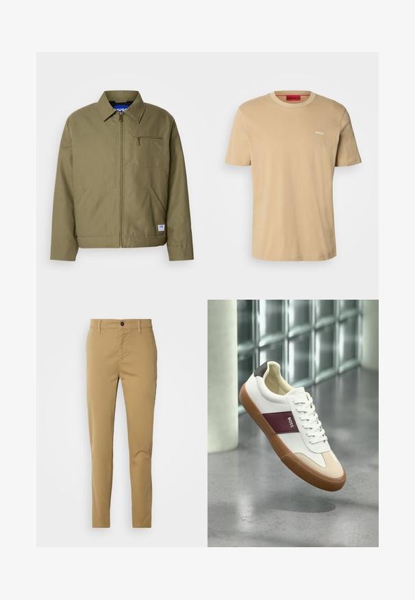Olivgrüne Jacke mit einem Reißverschluss, spitzem Kragen, einer Brusttasche, Seitentaschen und einem blauen Markenetikett am Saum.; Beige Baumwoll-T-Shirt mit Rundhalsausschnitt, kurzen Ärmeln und einem kleinen weißen "HUGO"-Logo auf der Brust. Glatte Textur ohne Muster.; Khakihosen aus Baumwolle. Slim-Fit-Design mit glatter Textur, Fronttaschen und einem einzigen Knopfverschluss an der Taille.; Weißer Sneaker mit niedrigem Schaft, brauner Sohle, weinrotem Streifen mit der Aufschrift "BOSS", beigen Zehenakzenten und schwarzer Ferse, der über einem grauen Boden schwebt.