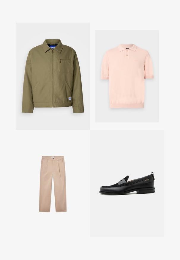 Oliven grøn jakke med lynlåslukning, spids krave, enkelt brystlomme, sidelommer og et blåt mærke på kanten.; Lyserød poloshirt med korte ærmer, to knapper ved kraven og ribkant på ærmer og kant nederst.; Kakhi bukser lavet af bomuld med lige ben-design, der har to forlommer, en knaplukning og en klassisk pasform.; Sort læderloafer med grå remdetalje, lav hæl og tekstureret sål, mærket med "HUGO" i guld på siden.