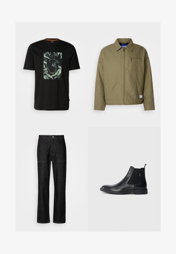 Olivgrüne Jacke mit einem Reißverschluss, spitzem Kragen, einer Brusttasche, Seitentaschen und einem blauen Markenetikett am Saum.; Schwarzes Baumwoll-T-Shirt mit einem zentralen Motiv eines Panthers, umgeben von Blättern, mit einem Kettenkragen und dem Text "BOSS". Kurze Ärmel.; Schwarze Jeans mit geradem Bein, sichtbaren Nähten und einem Frontknopfverschluss. Enthält zwei Seitentaschen und zwei Gesäßtaschen.; Schwarze Leder Chelsea-Boots mit elastischen seitlichen Einsätzen, einer Zugschlaufe und einer flachen Gummisohle. Glatte Textur mit minimaler Ausgestaltung.