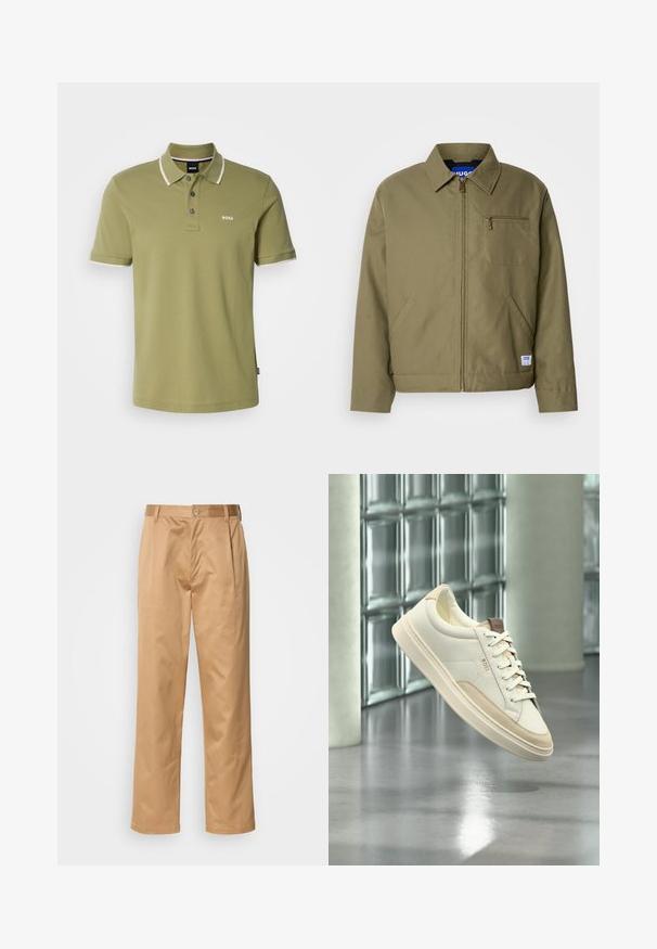 Veste verte olive avec fermeture éclair, col pointu, poche poitrine simple, poches latérales et étiquette de la marque bleue sur l'ourlet.; Polo olive avec une patte de boutonnage à trois boutons, un col et des poignets contrastants blancs, et un petit logo "BOSS" blanc sur la poitrine.; Pantalons khaki, en mélange de coton, coupe droite, plis avant, passants de ceinture et fermeture à bouton. Texture lisse sans motifs.; Sneaker blanc à tige basse avec des accents beiges et des lacets, de la marque « BOSS », flottant au-dessus d’un sol poli avec un mur en blocs de verre en arrière-plan.