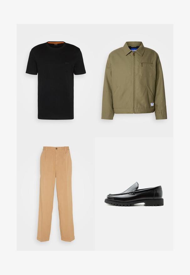 Veste verte olive avec fermeture éclair, col pointu, poche poitrine simple, poches latérales et étiquette de la marque bleue sur l'ourlet.; T-shirt noir à manches courtes fabriqué en tissu doux, avec un col rond et un logo discret à l'avant. Le col intérieur comporte un accent orange.; Pantalons larges beiges en tissu doux, dotés de deux poches avant, d'une fermeture à bouton et de plis le long des jambes.; Mocassin en cuir noir avec semelle en caoutchouc épaisse, dessus cousu et nom de marque embossé sur le talon, présenté de profil sur fond blanc.