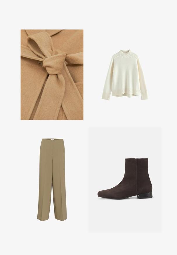 Beige filtstof med en knyttet talje detalje og en knaplukning. Teksturen er blød, og designet har en åben krave og symmetriske folder.; Cremefarvet sweater med ribbet høj hals, lange ærmer og en afslappet pasform. Struktureret strikstof og ribbestykke detalje i bunden.; Khaki brede bukser lavet af glat stof. Har en frontfold og en flad talje. Ingen synlige lommer eller metaldele.; Mørkebrun ruskind ankelstøvle med lav blokhæl og sidelås, slank rundet tå, på ensartet lys baggrund.