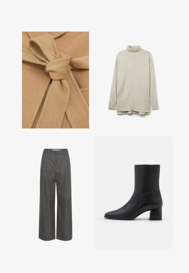 Beige filtstof med en knyttet talje detalje og en knaplukning. Teksturen er blød, og designet har en åben krave og symmetriske folder.; Beige striktrøje med ribbet turtleneck, lange ærmer og en nederkant med diagonal ribning. Blød tekstur og afslappet pasform.; Grå brede bukser lavet af struktureret stof, med høj talje og frontfolder, uden synlige lommer eller hardware detaljer.; Sorte læder ankelstøvler med spids tå og en kraftig firkantet hæl. Glat overflade med et sømløst design og minimalistisk syning.