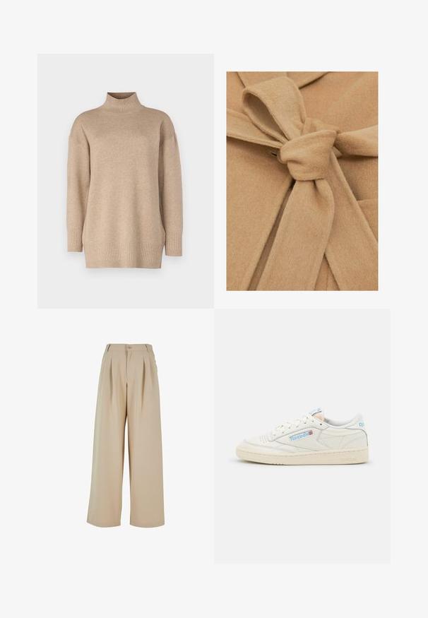Beige viltstof met een gestrikte taille en een knoopsluiting. De textuur is zacht, en het ontwerp heeft een open kraag en symmetrische plooien.; Beige coltrui met een ontspannen pasvorm, geribde zoom en manchetten, zachte textuur en licht afhangende schouders. Gemaakt van een lichtgewicht materiaal.; Beige wijde broek met geplooide voorkant, knoopsluiting en een gladde textuur. Kenmerkt zich door een op maat gemaakte tailleband en zijzakken.; Reebok sneakers in off-white leer met lichtblauwe accenten. Beschikt over een geperforeerde neus, platte veters en een getextureerde rubberen zool.