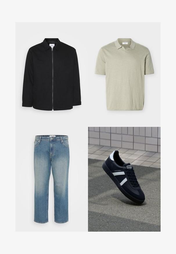 Sort bomuldsjakke med lynlås foran, krave, sidelommer og lange ærmer. Enkelt design med en glat tekstur.; Lysebeige kortærmet poloshirt med en blød krave uden knapper, lavet af letvægtsstof.; Blå straight-leg jeans i denim med falmet front, fem-lomme design, knap- og lynlås lukning samt bæltestropper.; Sort lædersneaker med hvide striber, tekstureret gummisål og snørrebånd foran. Har et brandet mærke på tungen.