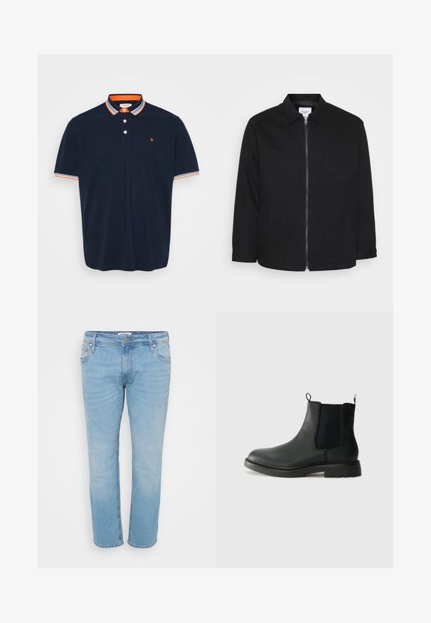 Sort bomuldsjakke med lynlås foran, krave, sidelommer og lange ærmer. Enkelt design med en glat tekstur.; Marineblå polo T-shirt i bomuld med krave, der har orange og grå striber, tre-knaps knaplukning og lille broderet logo på brystet.; Lyseblå denim jeans med lige ben, fem lommer, diskret falmning og knaplukning. Syning på lommerne.; Sorte læder chelsea støvler med elastiske sidepaneler, trækflapper, rund tå og tekstureret gummisål. Glat overflade og robust design.