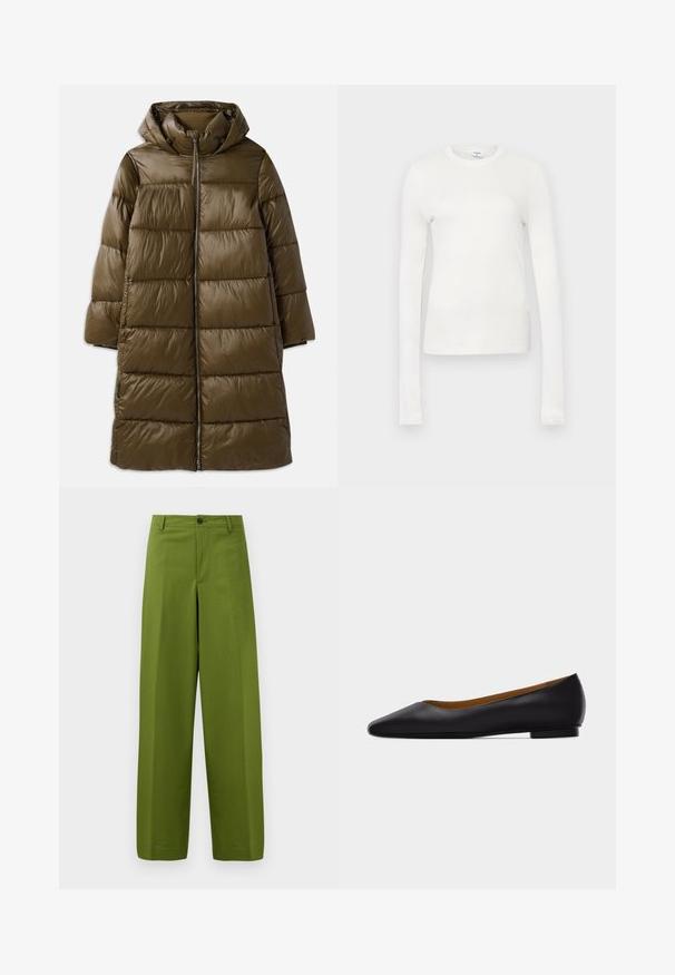 CLOSED PUFFER COAT - Wintermantel - marsh green; Witte langemouwen t-shirt gemaakt van zachte katoen. Heeft een ronde hals, aansluitende pasvorm en een gladde textuur. Geen patronen of accenten.; Groene, wijde broek van gladde stof. Voorzien van een enkele sluiting met een frontknop en een vlak ontwerp aan de voorkant.; Zwarte leren puntschoen met lage hak en gladde afwerking, zijaanzicht op een lichtgrijze achtergrond.