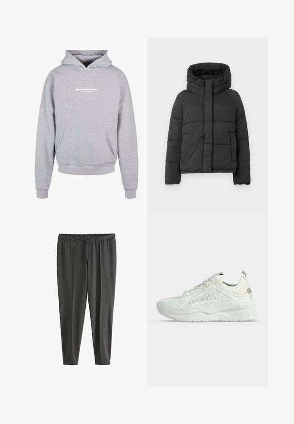 Veste d'hiver noire rembourrée avec col montant, capuche ajustable, fermeture éclair à l'avant recouverte d'un rabat et poches latérales.; Sweatshirt à capuche gris avec une poche avant, arborant un texte imprimé en blanc "MÉTAMORPHOSE" sur la poitrine. Matière en mélange de coton, poignets côtelés.; Joggers gris foncé et extensibles fabriqués en tissu doux ; dotés d'une taille élastique avec cordon de serrage et de jambes fuselées.; Baskets blanches de sport avec tige en mesh, semelle épaisse et rembourrée, fermeture à lacets et languette au talon, vues de côté sur un fond uni.