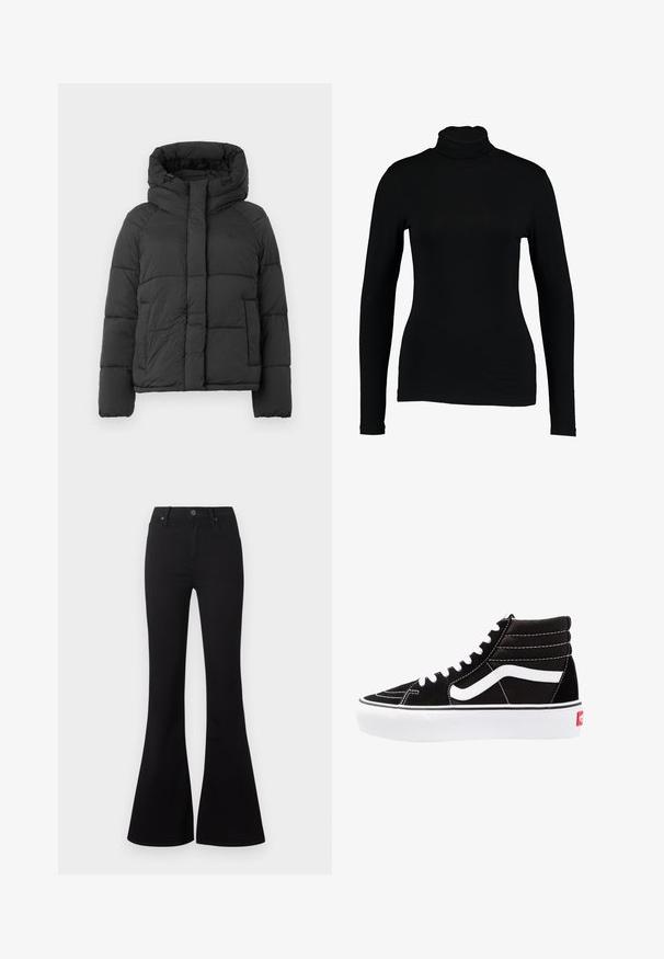 Schwarze gepolsterte Winterjacke mit hohem Kragen, verstellbarem Kapuze, einem durch eine Klappe abgedeckten Frontreißverschluss und seitlichen Taschen.; Schwarzes Langarm-Turtleneck-Top aus glattem Stoff, mit taillierter Passform und hohem Kragen, geeignet zum Layering oder als eigenständiges Kleidungsstück.; Schwarze High-Waist-Flare-Jeans mit Frontknopf und Taschen, auf weißem Hintergrund dargestellt.; Schwarze High-Top-Sneaker mit weißen Schnürsenkeln, einem weißen Logo und kontrastierendem weißen Nähten. Verfügt über eine dicke weiße Sohle und ein strukturiertes Wildleder-Obermaterial.