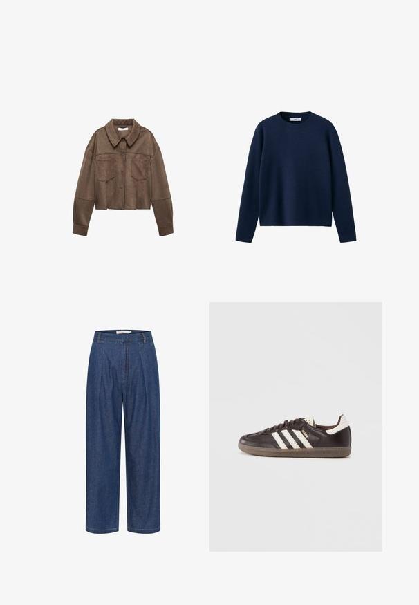 Brun faux suede cropped jakke med krave, to brystlommer og lange ærmer, samt knaplukning og syede detaljer.; Marineblå langærmet sweater med rund hals, ribstrikket krave, lige kant og enkel, ensfarvet struktur.; Blå denimbukser med høj talje og vide ben, forrest med læg, bæltestropper og skjult lynlåslukning.; Mørkebrune lædersneakers med hvidt tre-stribet design, en gummisål og "Samba" i gyldne bogstaver på siden. Klassisk lavtopform.