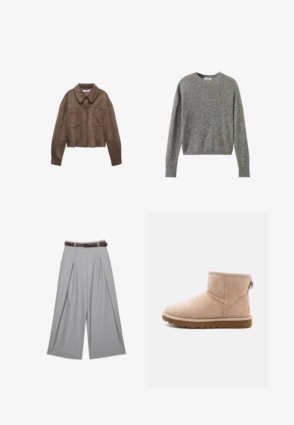 Bruine faux-suede cropped jas met een kraaghals, twee borstzakken en lange mouwen, voorzien van knoopsluiting en gestikte details.; Lichtgrijze gebreide trui met een ronde hals, lange mouwen en een geribde zoom; heeft een gestructureerd patroon.; Grijze broek met wijde pijpen en plooien aan de voorkant, voorzien van een bruine riem in de taille en een gladde textuur. Geen zichtbare zakken.; Beige suède enkellaars met een ronde neus, gestikte accenten en een gestructureerde bruine rubberen zool. Beschikt over een trekband aan de achterkant.