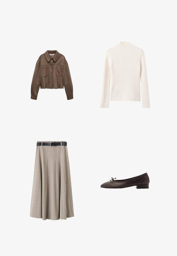 Brun faux suede cropped jakke med krave, to brystlommer og lange ærmer, samt knaplukning og syede detaljer.; Ribstrikket rullekravesweater i off-white, lavet af blødt strikstof. Har lange ærmer og en tætsiddende silhuet.; Beige plisseret nederdel lavet af blødt stof, med et sort bælte med sølvspænde. Nederdelen har et flagrende design og er i midterlang længde.; Brune læder balletflade med rund tå og lille blokhæl. Har en tynd sløjfe foran og diskrete syningsdetaljer.