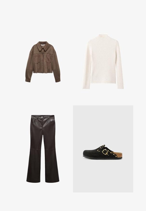 Brun faux suede cropped jakke med krave, to brystlommer og lange ærmer, samt knaplukning og syede detaljer.; Ribstrikket rullekravesweater i off-white, lavet af blødt strikstof. Har lange ærmer og en tætsiddende silhuet.; Sorte flare bukser lavet af glat kunstlæder, med forlommer, lynlås og en sølvknap. Desuden detaljeret syning.; Sort ruskindsklap med afrundet tå, korksål, guldfarvede nitter og spænde detaljer samt et åbent design bagtil for nem påtagning.