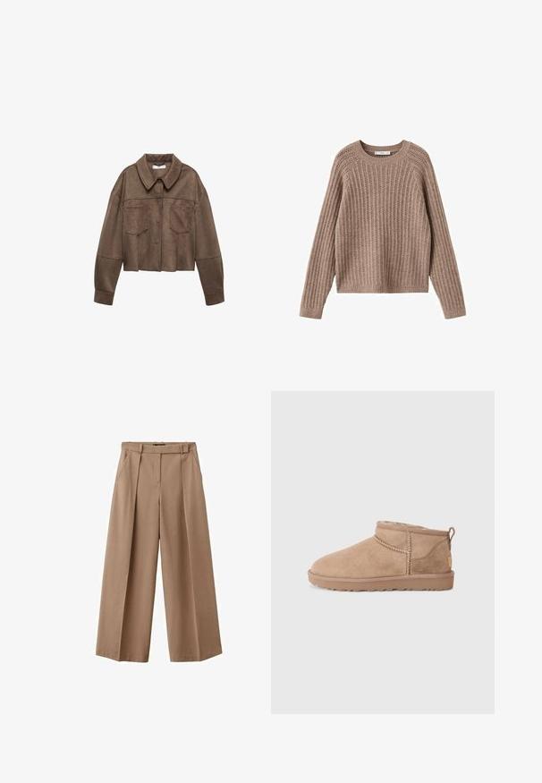 Brun faux suede cropped jakke med krave, to brystlommer og lange ærmer, samt knaplukning og syede detaljer.; Brun ribbet sweater med lange ærmer, rund halsudskæring og en afslappet pasform. Har struktureret stof med lodrette linjer over det hele.; Bredde benbukser i en lys brun kvalitet. Funktioner inkluderer høj talje, frontfolder og to sidelommer. Glat, struktureret overflade.; Brune ruskinds ankler støvler med blød indvendig foring, quiltede detaljer og en struktureret gummisål for godt greb. Sløjfe bagpå for nem påtagning.