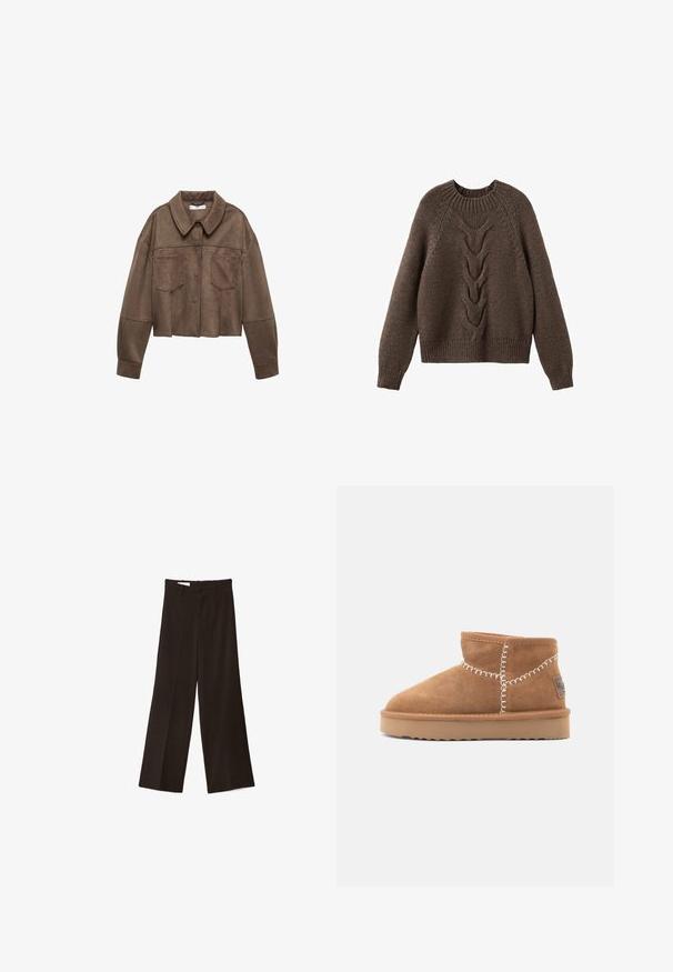 Brun faux suede cropped jakke med krave, to brystlommer og lange ærmer, samt knaplukning og syede detaljer.; Brun strikket sweater med rund halsudskæring, lange ærmer og et kabelstrikdesign, der løber ned langs fronten. Ribbet kant og manchetter.; Sorte bukser med brede ben, frontknap og bæltestropper, med en pressefolder ned langs midten af hvert ben.; Brune ruskinds ankelstøvler med rund tå, hvid dekorativ syning og en tan gummisål med et zigzag-mønster.